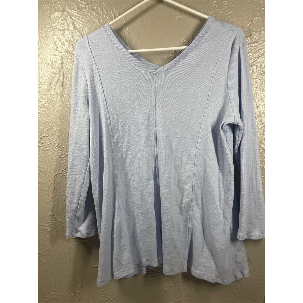 J Jill Women's Light Blue Ribbed V Neck Slub Slouchy Top V Back Pima Size Medium